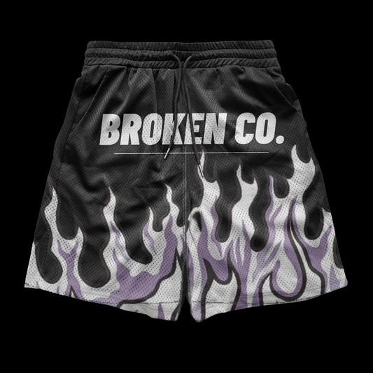 Broken Co. Purple Flame Mesh Shorts